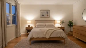 Warm and inviting bedroom with layered bedding, soft lighting, and natural textures about cozy bedroom ideas