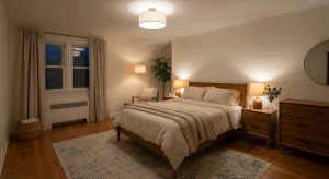 Bedroom with layered warm lighting from bedside lamps and ceiling light.