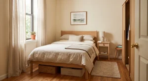 Personal artwork above the bed in a warm neutral bedroom.