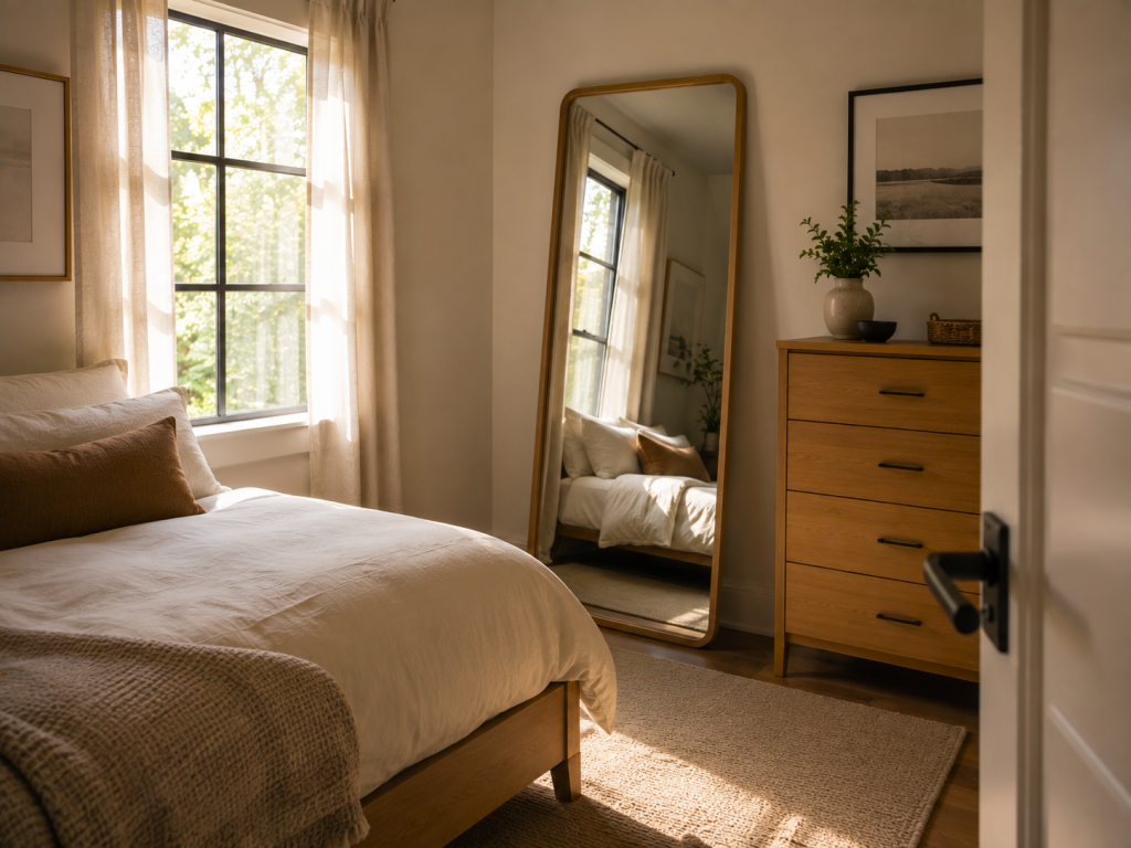Full-length mirror reflecting natural light in a small bedroom.