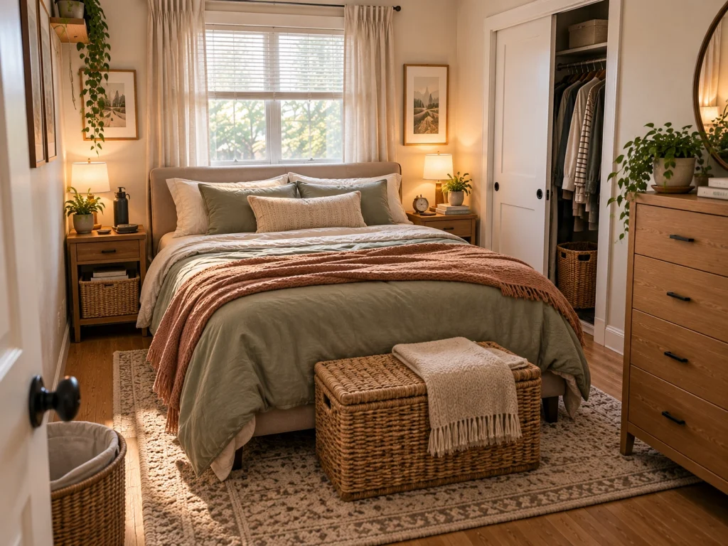 Small bedroom ideas for couples with balanced personal zones and compact furniture