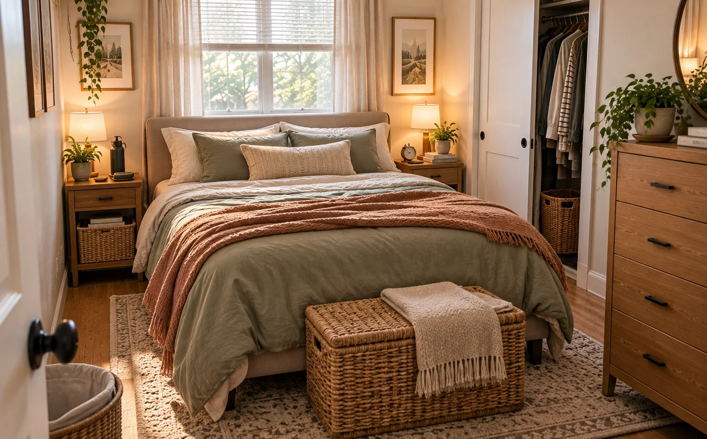 Small bedroom ideas for couples with balanced personal zones and compact furniture