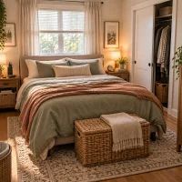 Small bedroom ideas for couples with balanced personal zones and compact furniture