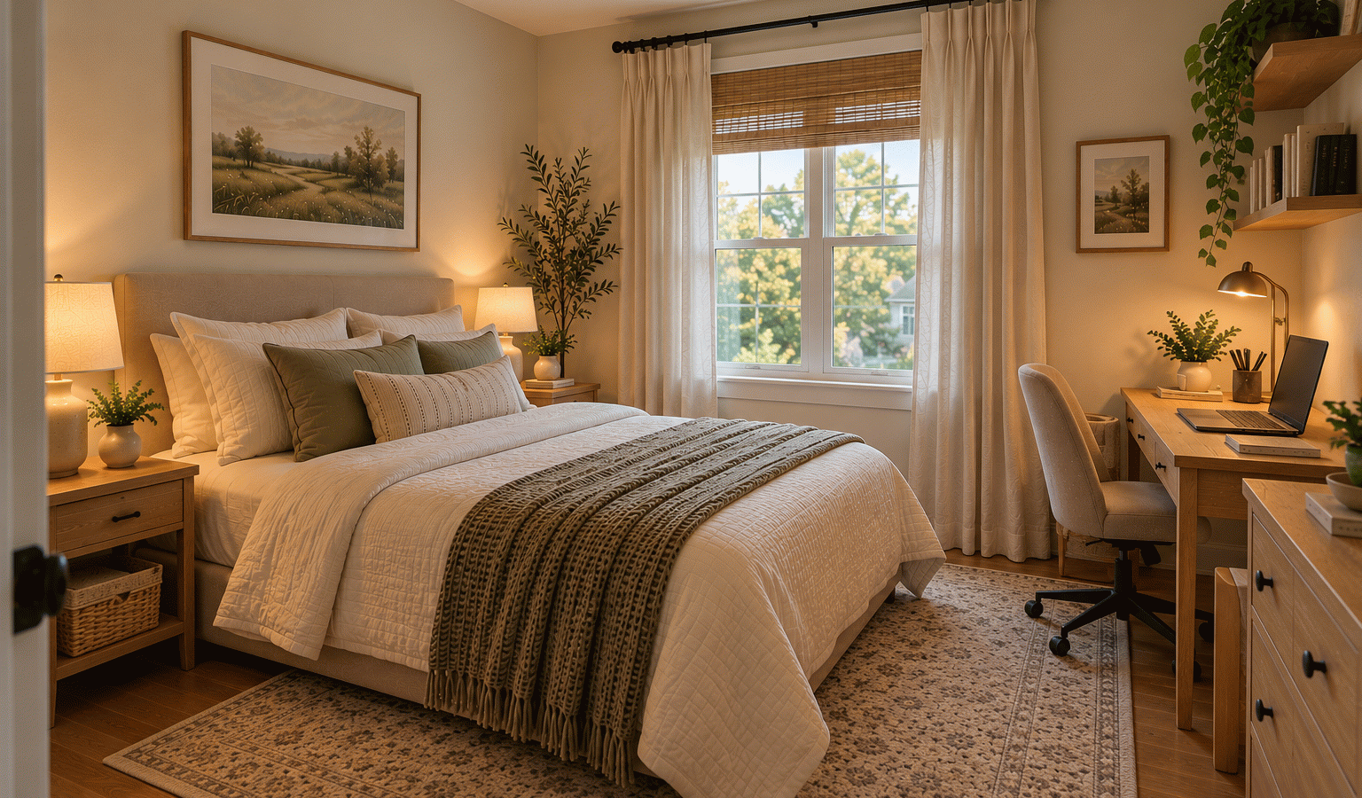 Small bedroom home office with a compact desk, comfortable bed, and organized workspace