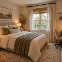 Small bedroom home office with a compact desk, comfortable bed, and organized workspace