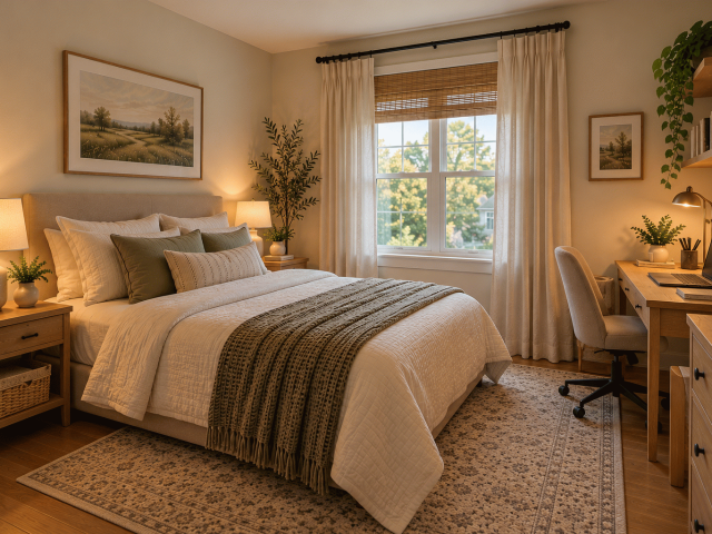 Small bedroom home office with a compact desk, comfortable bed, and organized workspace