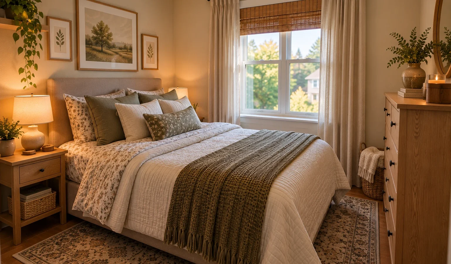 Renter-friendly small bedroom with compact furniture, removable decor, and practical storage