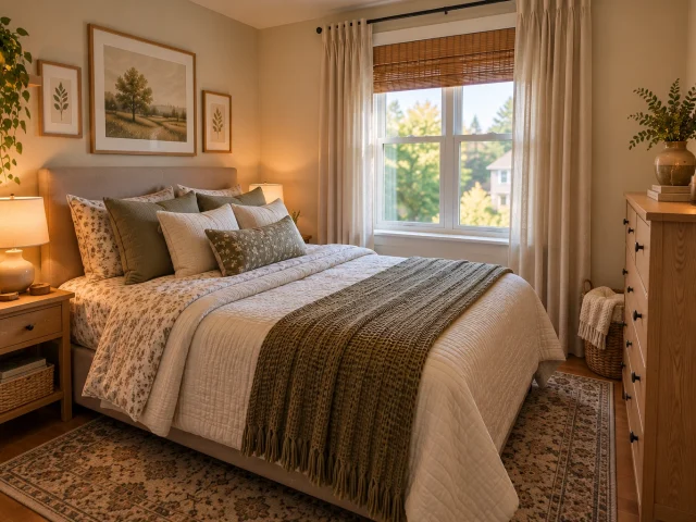 Renter-friendly small bedroom with compact furniture, removable decor, and practical storage