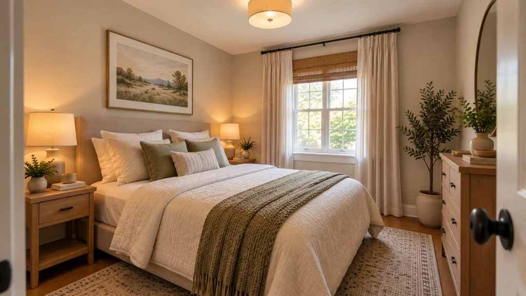 Small bedroom lighting ideas with layered bedside lamps, soft ceiling light, and warm natural illumination