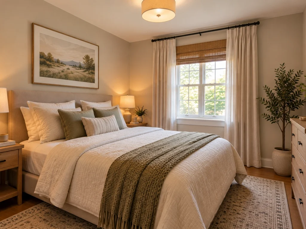 Small bedroom lighting ideas with layered bedside lamps, soft ceiling light, and warm natural illumination