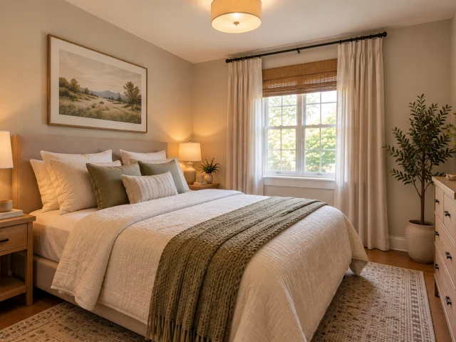 Small bedroom lighting ideas with layered bedside lamps, soft ceiling light, and warm natural illumination