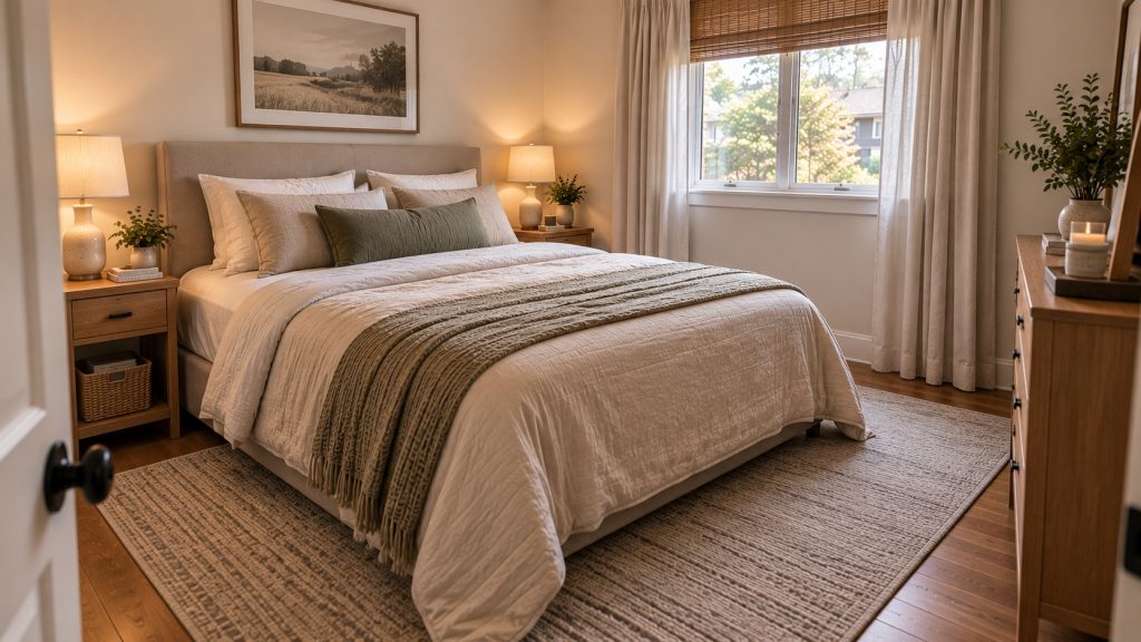 Small bedroom decorated with layered bedding and a properly sized area rug