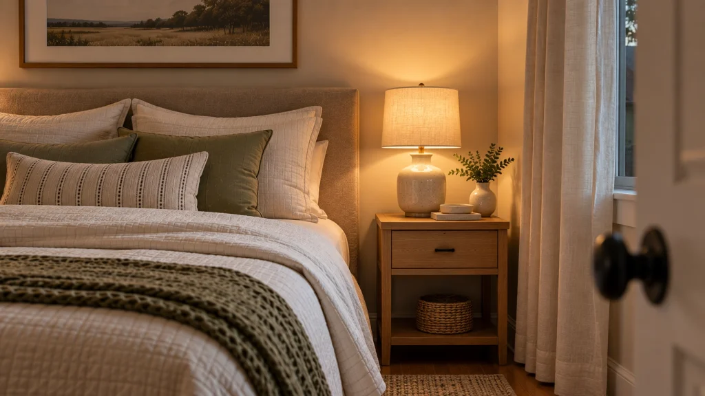 Small bedroom with a compact bedside lamp that leaves useful space on the nightstand
