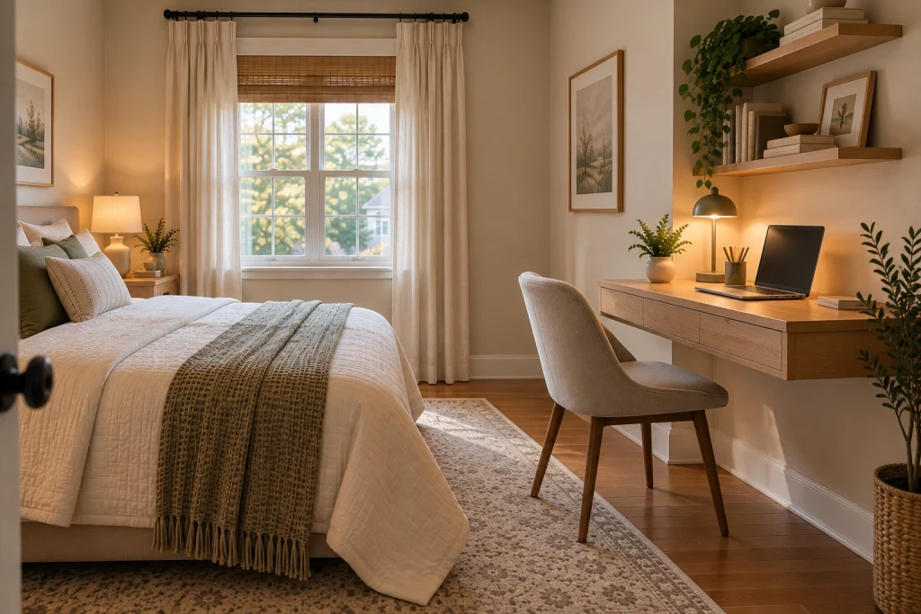 Small bedroom with a wall-mounted floating desk and open floor space underneath