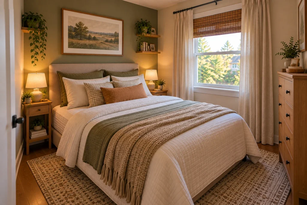 Small bedroom with a queen bed and narrow nightstands that preserve walking space