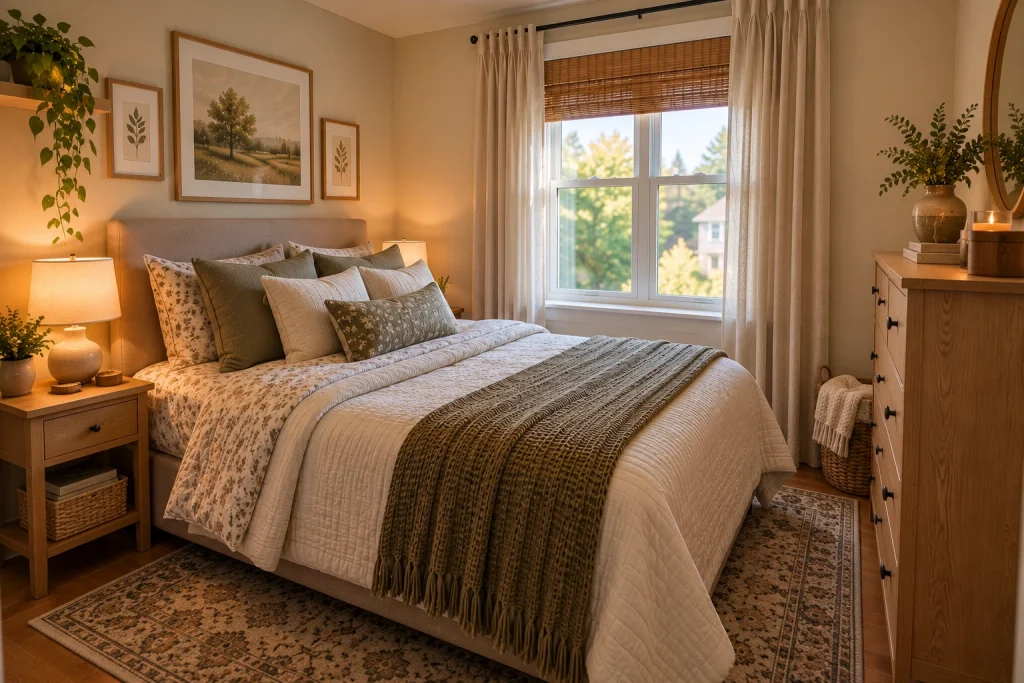 Small rental bedroom with a peel-and-stick wallpaper accent wall behind the bed