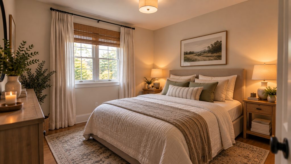 Small bedroom with soft curtains and layered bedside lighting