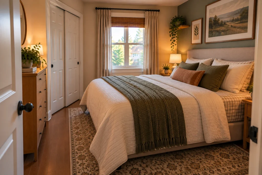 Small bedroom with a queen bed and a clear path between the door, bed, and closet