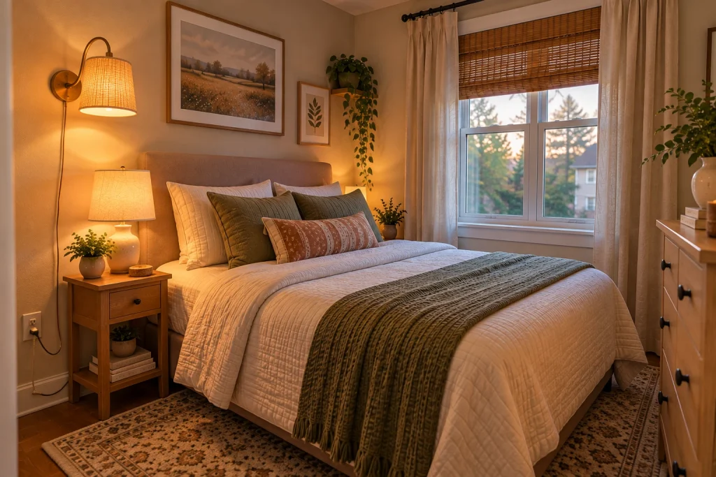 Small rental bedroom with a compact bedside lamp and plug-in wall sconce