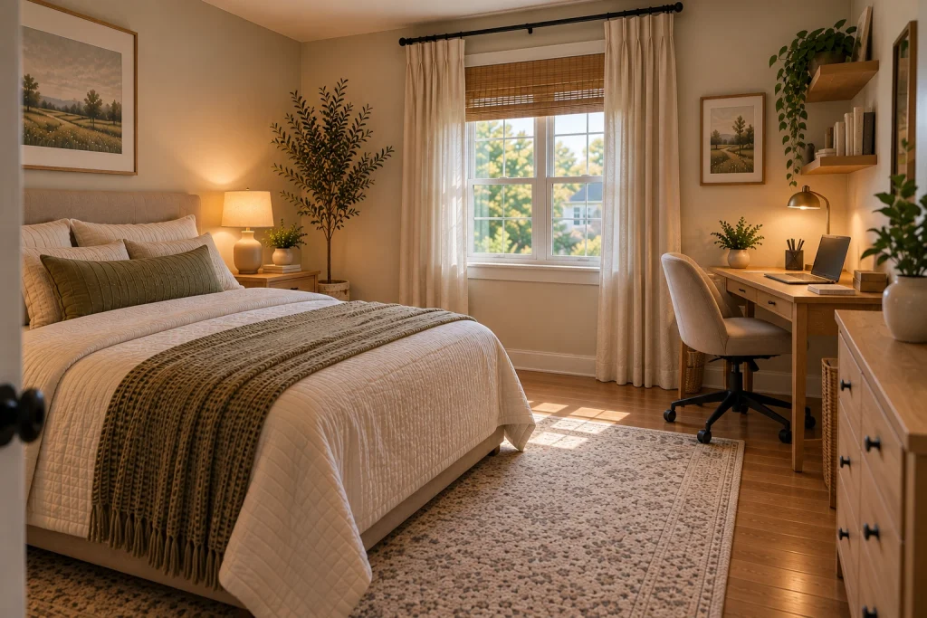 Small bedroom with a distinct sleeping zone and compact workspace