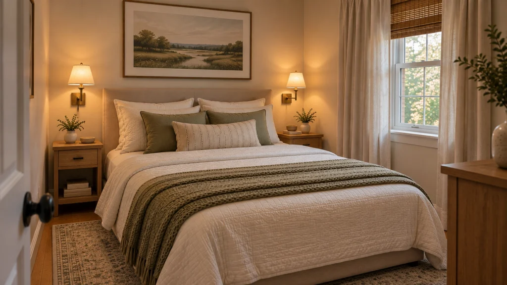 Small bedroom with wall-mounted bedside sconces saving space on narrow nightstands
