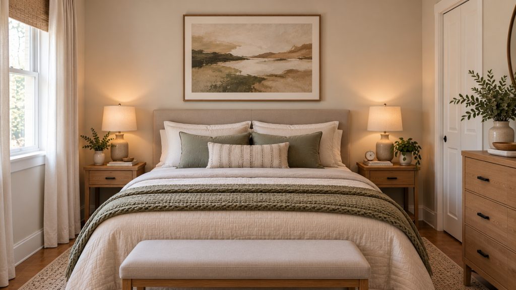 Small bedroom bed wall styled with simple artwork and a focused focal point