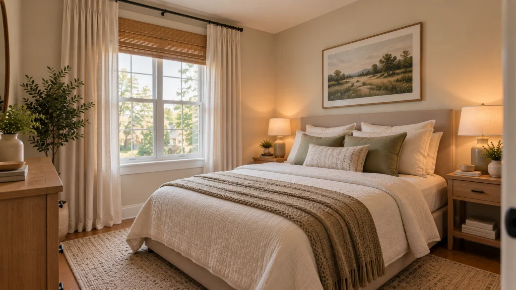 Small bedroom with soft curtains controlling natural daylight around the bed and window