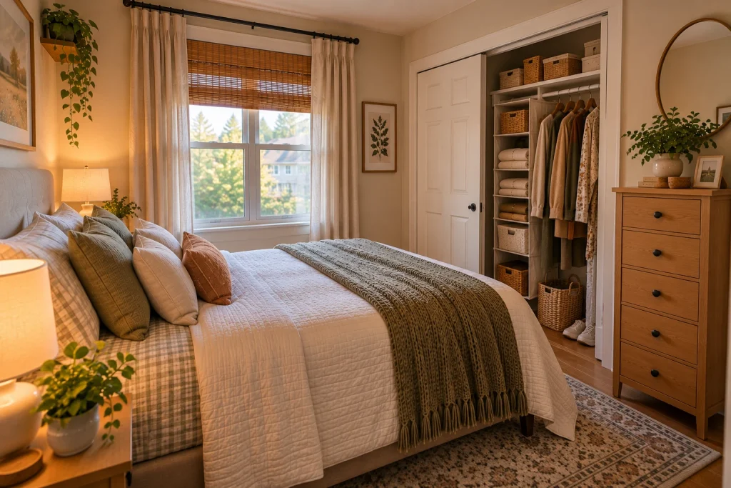 Small rental bedroom with freestanding storage and an organized compact closet