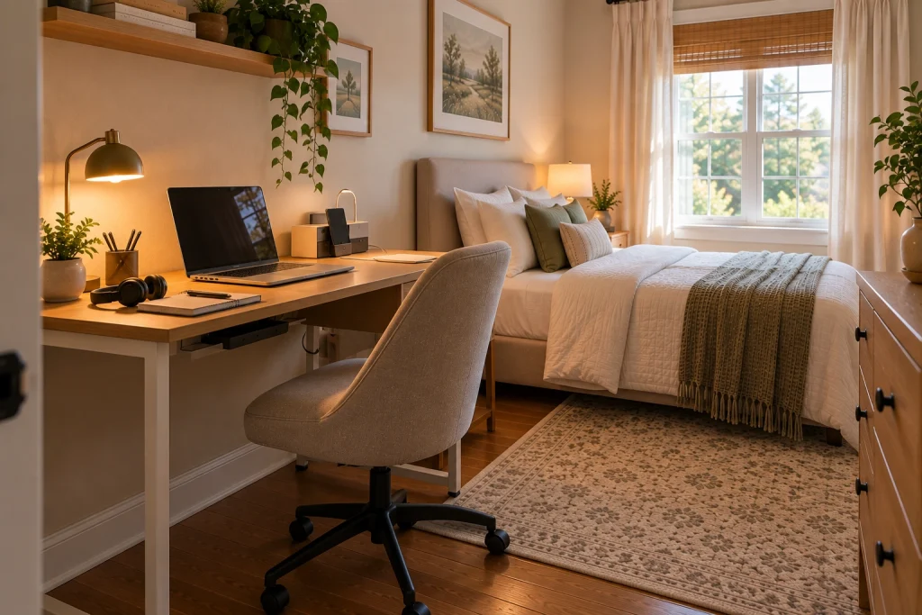 Compact bedroom workspace with organized cables, laptop, task lamp, and minimal desk accessories
