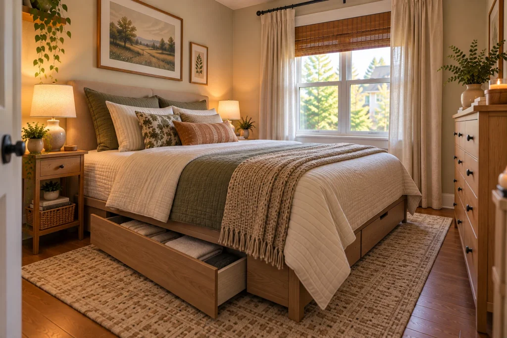 Small bedroom with a queen bed and accessible under-bed storage