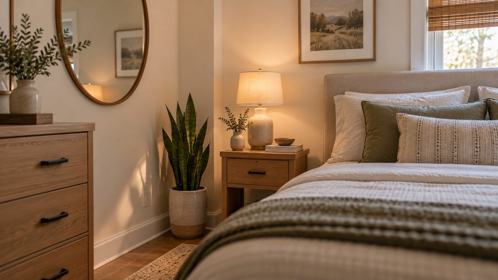 Small bedroom decor with minimal decorative objects, greenery, mirror, and styled nightstand