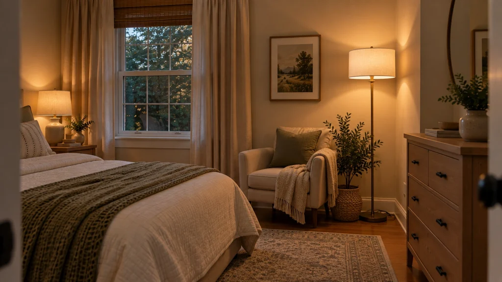 Small bedroom corner softened with a slim floor lamp and warm ambient light