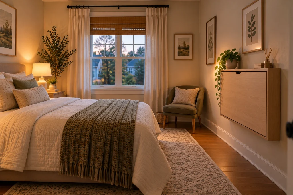 Small bedroom with a closed fold-down desk that leaves the floor open
