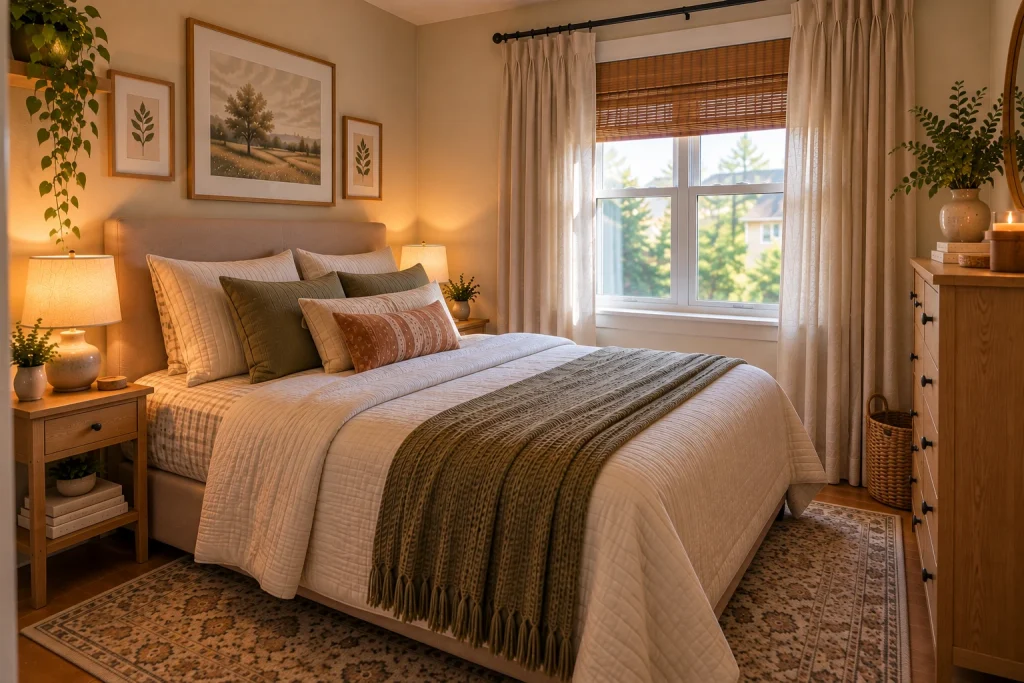 Small rental bedroom with simple curtains adding privacy and a finished look