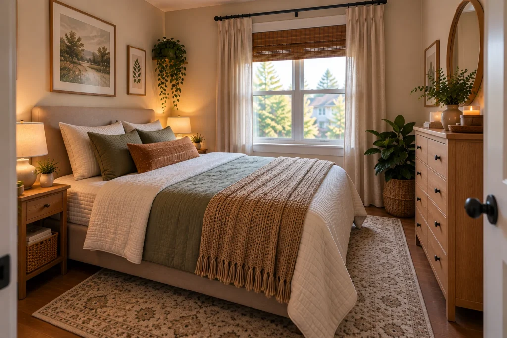 Small bedroom with a queen bed and slim dresser sized for the available floor space