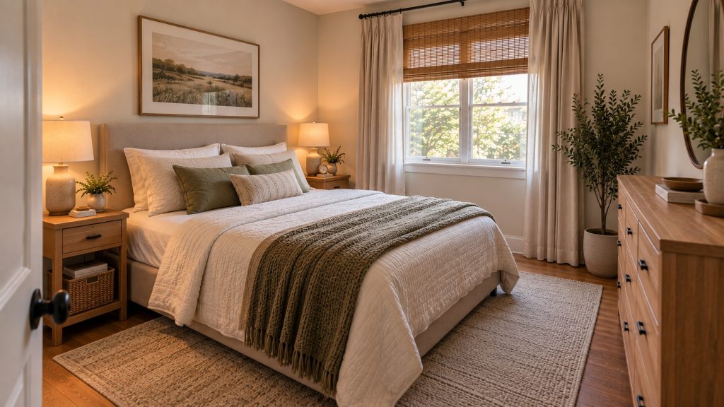 Finished small bedroom with cohesive colors, simple decor, and comfortable open space