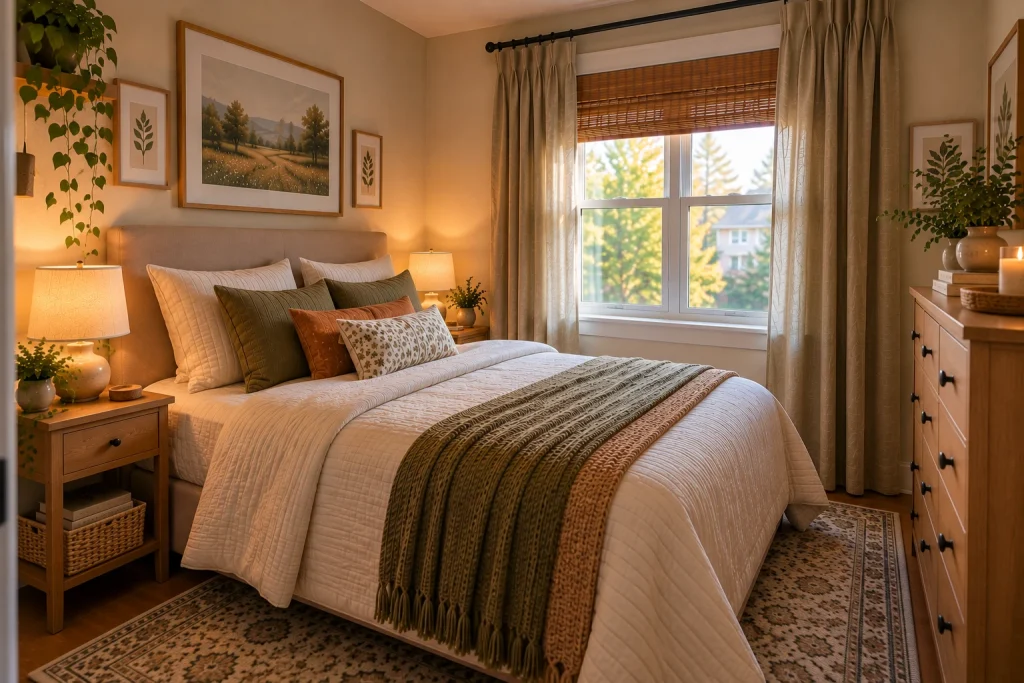 Finished small rental bedroom with movable furniture, layered bedding, rug, lighting, and removable decor