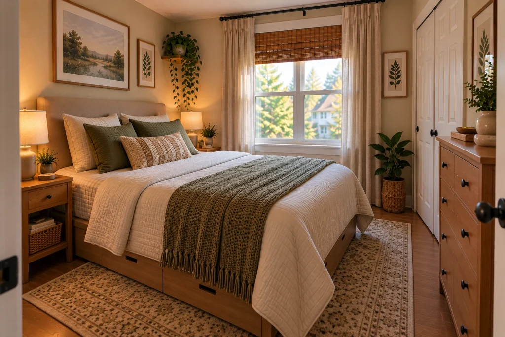 Finished small bedroom with a queen bed, compact furniture, practical storage, and comfortable circulation