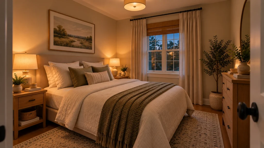 Finished small bedroom with layered warm lighting for a comfortable evening atmosphere