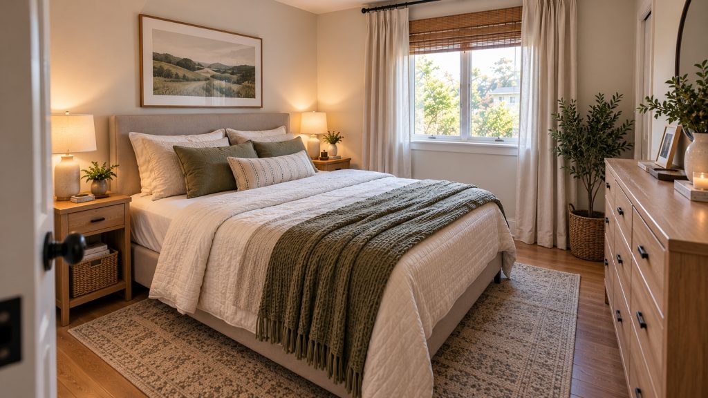 Small bedroom decor ideas with warm bedding, simple wall art, and intentional finishing touches