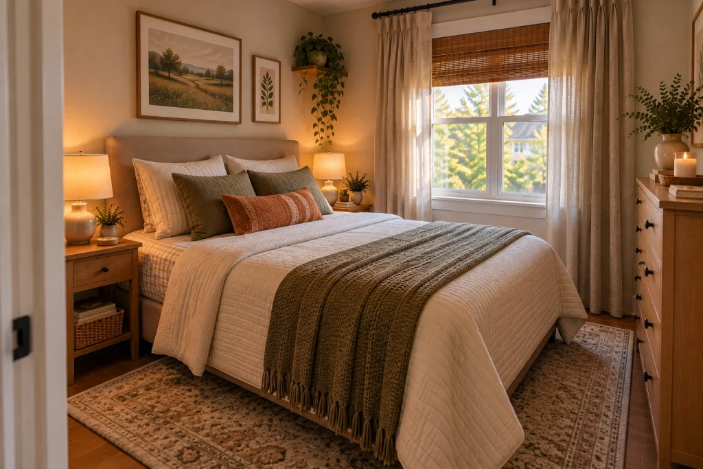 Small bedroom with a queen bed, compact furniture, and a clear walking path