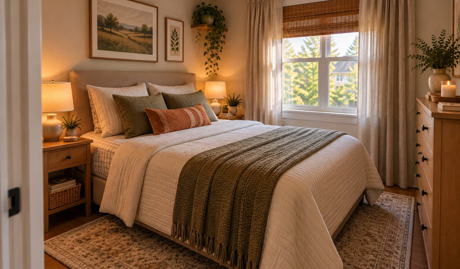 Small bedroom with a queen bed, compact furniture, and a clear walking path