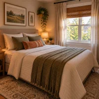 Small bedroom with a queen bed, compact furniture, and a clear walking path