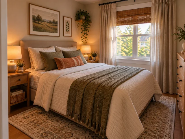 Small bedroom with a queen bed, compact furniture, and a clear walking path
