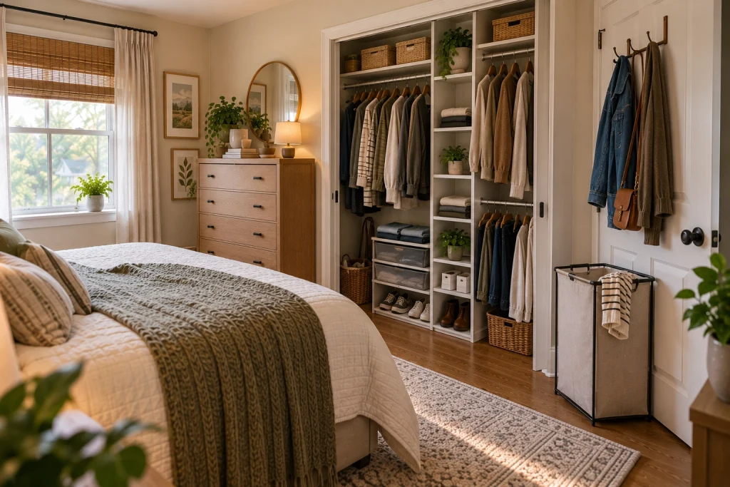 Small bedroom with organized clothing and a practical laundry system