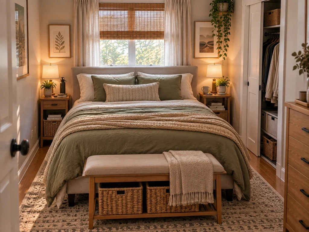 Small bedroom for couples with defined personal zones and compact bedside storage