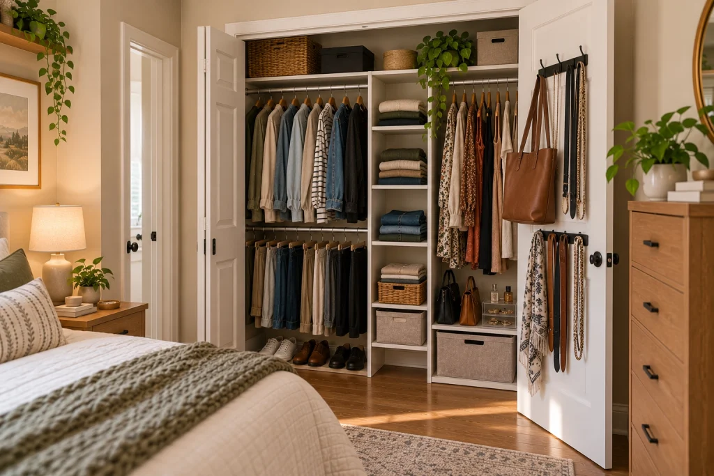 Compact bedroom closet organized by clothing and accessory categories