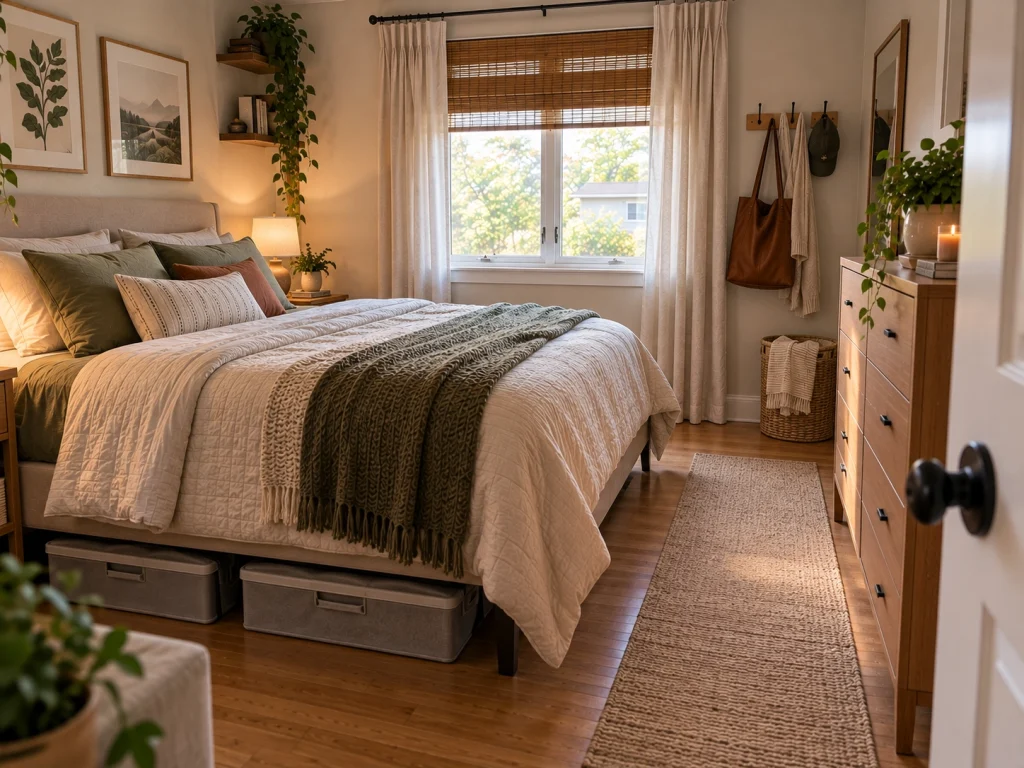 Vertical and under-bed storage ideas for a small bedroom shared by two people