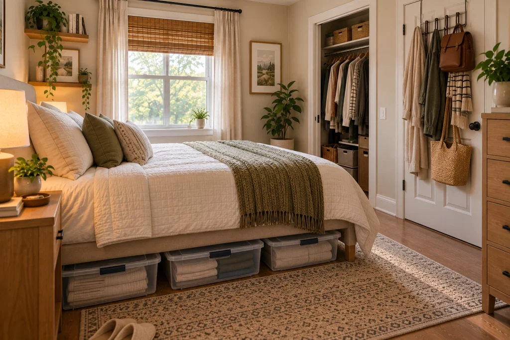 Small bedroom using vertical and under-bed space for organization