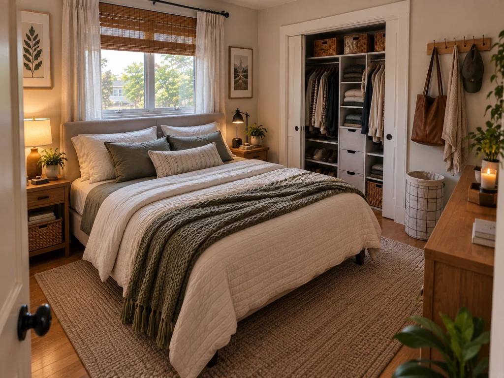 Calm small bedroom setup for couples with practical shared storage and personal space